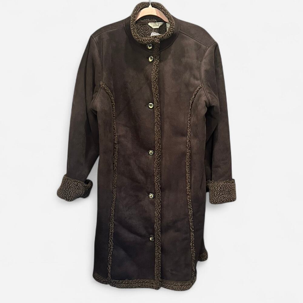 L.L. Bean Chocolate Brown Faux Suede and Shearling Coat NWOT - Picture 6 of 10
